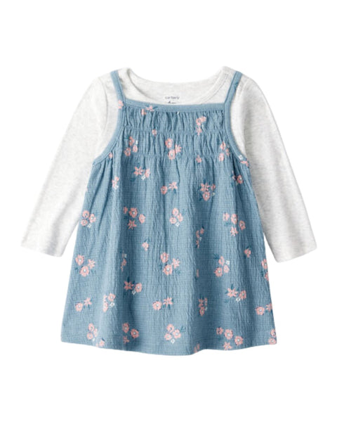 Set Carter's niña: vestido azul de tirantes con flores rosadas y blusa gris manga larga.