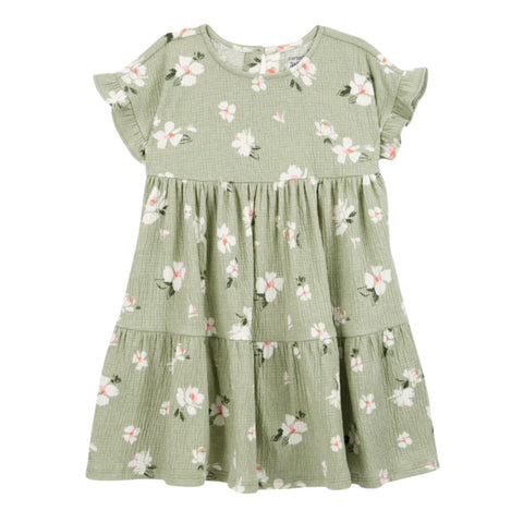Vestido Carters de algodón verde floreado para niña con manga corta y 2 paneles de volantes