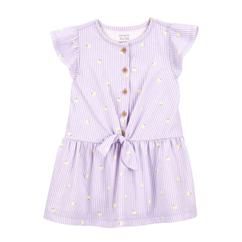 Vestido Carters morado con rayas blancas, limones amarillos, manga corta y nudo al frente.