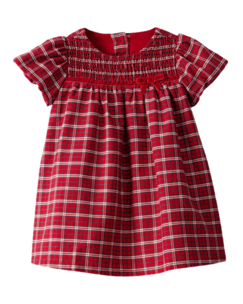 Vestido Carters de sateen a cuadros rojos para niña con manga corta y detalles smock, perfecto para