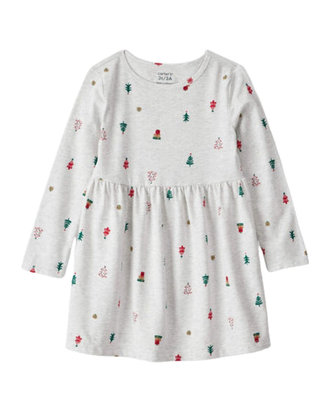 Vestido de niña Carters manga larga blanco con estampado navideño de árboles y mitones