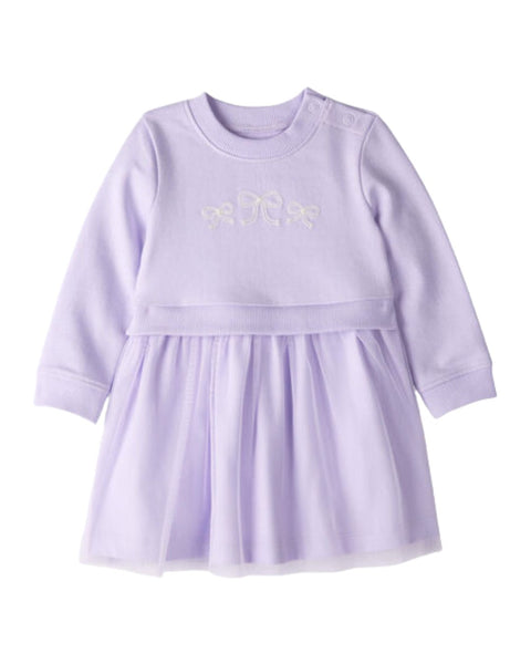 Vestido Carters morado para niña con manga larga, french terry y falda de tul con lazos bordados.