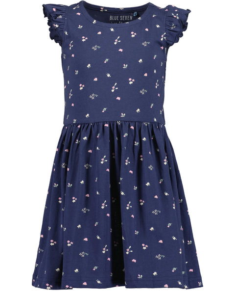 Vestido de jersey Blue Seven para niña, azul marino con estampado floral en rosa y blanco, volantes