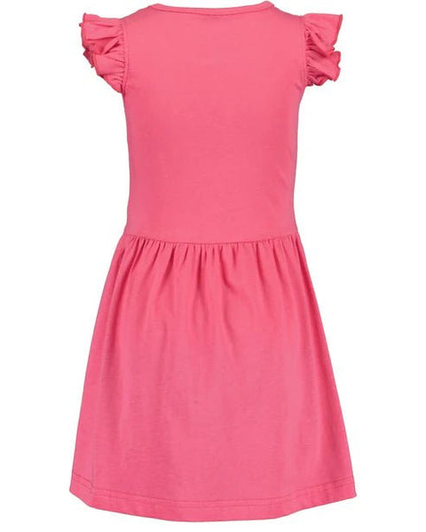 Vestido de jersey fucsia Blue Seven para niña, vista trasera. Con delicados olanes en las mangas.
