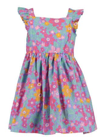 Vestido de niña floral Blue Seven, popelín multicolor con flores rosas, naranjas y moradas, manga