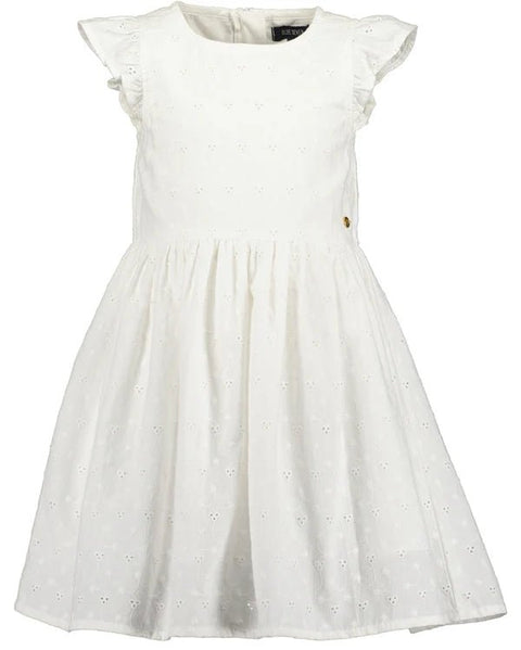 Vestido blanco de popelín Blue Seven para niña con mangas de vuelo, bordados y cuello redondo