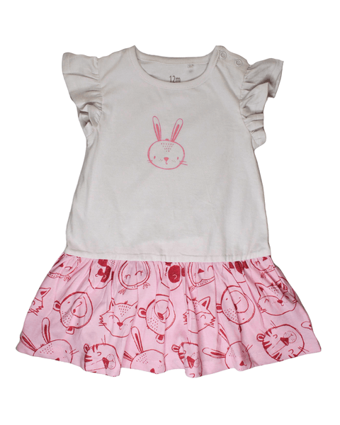 Vestido Kinder de algodón rosa para niña, diseño de conejito y falda con estampado de animales