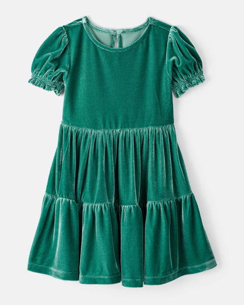 Vestido de terciopelo verde Carter's para niña, manga corta abullonada, falda con volantes.