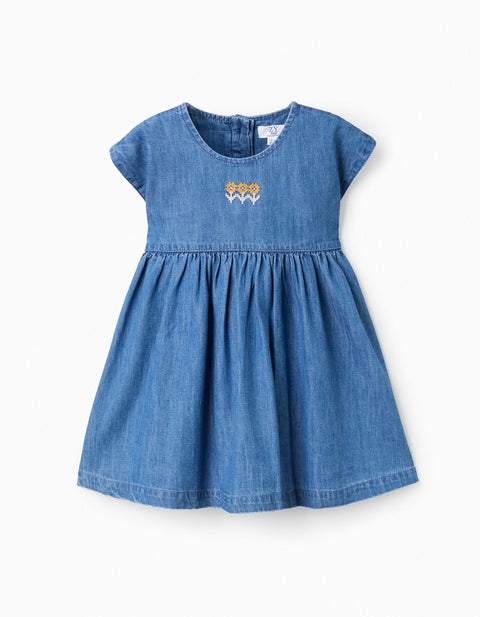 Vestido de mezclilla Zippy para bebé niña, manga corta, con bordado de flores en el pecho.