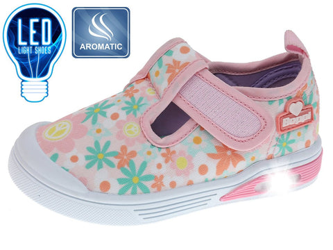 Zapatos casuales Beppi para niña, rosados con estampado floral, velcro, luz LED y suela aromática.