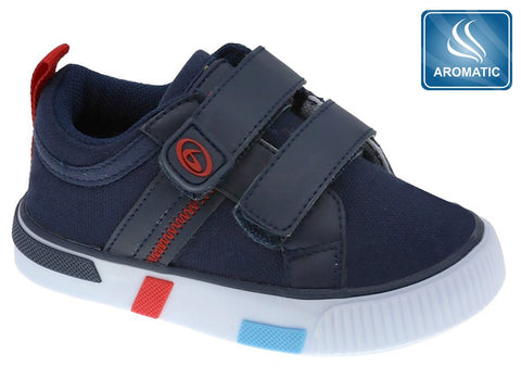 Zapatos casuales Beppi de lona azul marino para niño con velcro, suela antideslizante y detalle rojo.