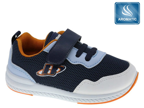 Tenis Beppi azul marino para niño, con velcro, suela antideslizante, detalle HP y etiqueta aromática.