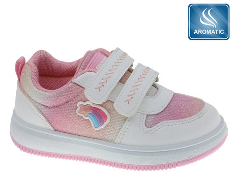 Tenis Beppi niña rosa blanco con velcro, diseño arcoíris, suela antideslizante y aromáticos.