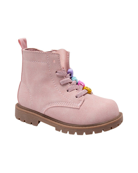 Bota rosada Carters para niña en gamuza con detalles de cuentas coloridas en cordones, ideal para Guatemala.