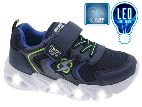 Tenis con luces LED Beppi azules para niño, cierre de velcro, suela ultraligera y detalles neón.