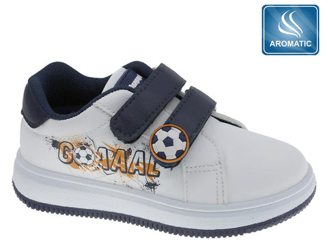Zapato casual Beppi blanco para niño con velcro, diseño de fútbol GOAL y aroma afrutado.