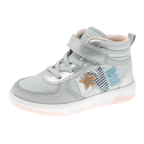 Tenis Beppi altos color plata para niña, con velcro, cintas y diseño de estrella. Estilo moderno.