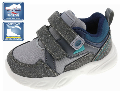 Tenis deportivos Beppi para niño gris y azul con doble velcro, suela blanca y tecnologías Phylon y Softfoam.