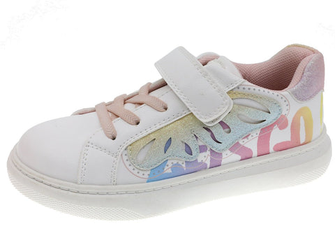 Tenis Beppi blancos para niña, con velcro y diseño lateral multicolor de mariposa.