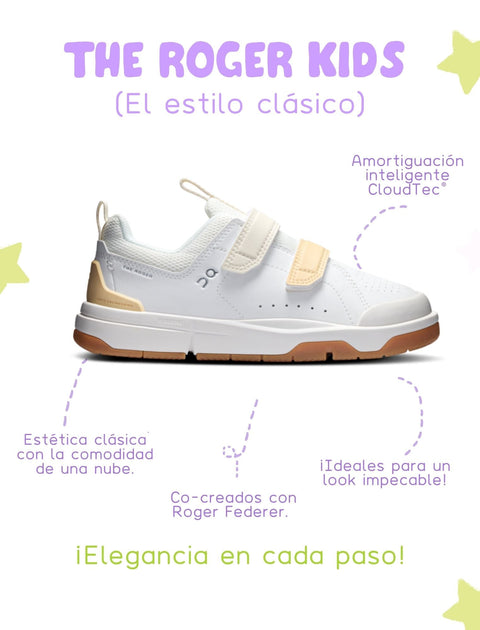 Par de Zapatos On Roger Kids blancos y marfil para niños, diseño moderno y cómodo, vista superior.