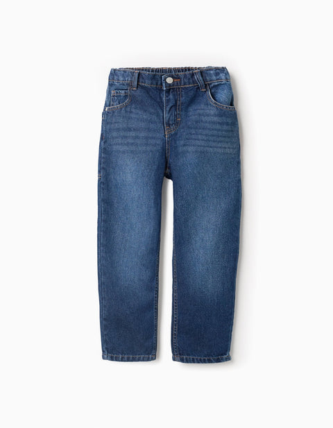 Jeans denim Zippy azules para niño, vista frontal con bolsillos y botón.