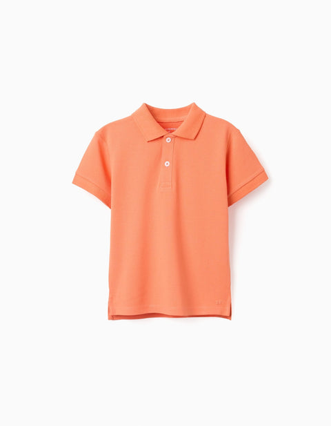 Camisa polo piqué naranja oscuro Zippy para niño, vista frontal completa sobre fondo blanco.