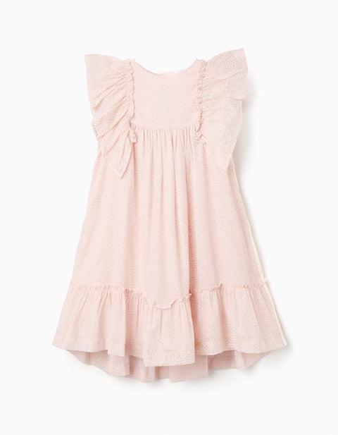 Vestido Zippy de niña en rosa claro con volantes en mangas y lunares dorados, vista frontal.