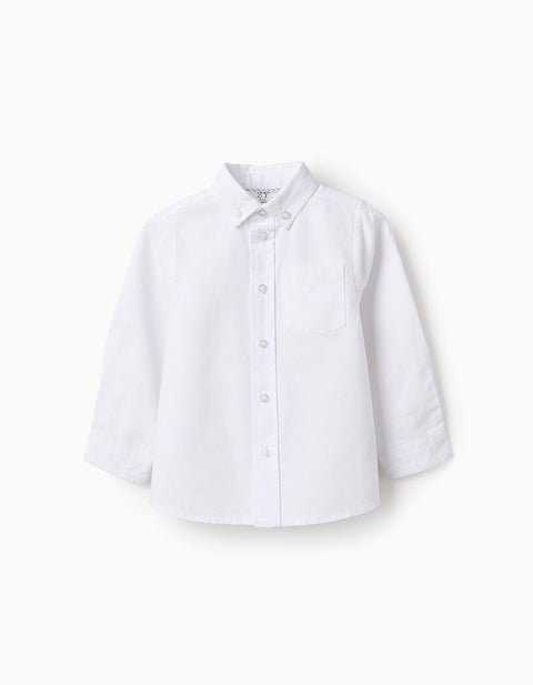 Camisa Oxford blanca de manga larga Zippy para bebé niño, vista frontal completa.