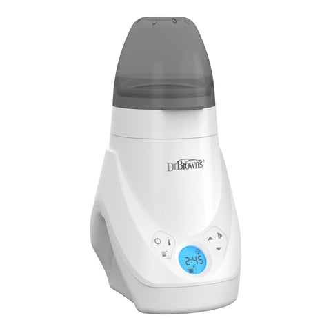 Calentador y esterilizador de pachas Dr. Brown's Deluxe blanco con tapa gris y pantalla digital azul.