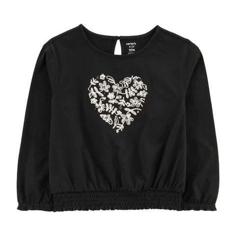 Blusa negra Carters manga larga niña con corazón floral blanco, ideal para look casual y cómodo.