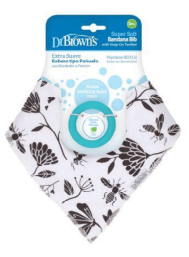 Babero Bandana Dr. Brown's blanco con estampado floral y bichos, incluye mordedor turquesa.