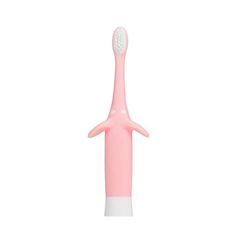 Cepillo dental rosado Dr. Browns con forma de elefante para bebé, cerdas suaves y base blanca.