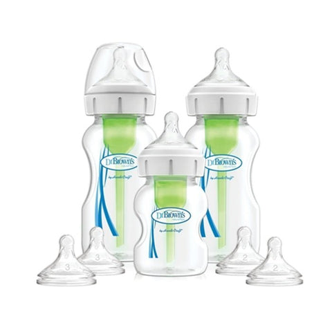 Set de 3 pachas Dr. Brown's Options+ de cuello ancho con tetinas y cepillos de limpieza.