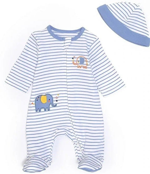 Conjunto Little Me pijama bebé con pies, rayas azules y elefante, con gorra