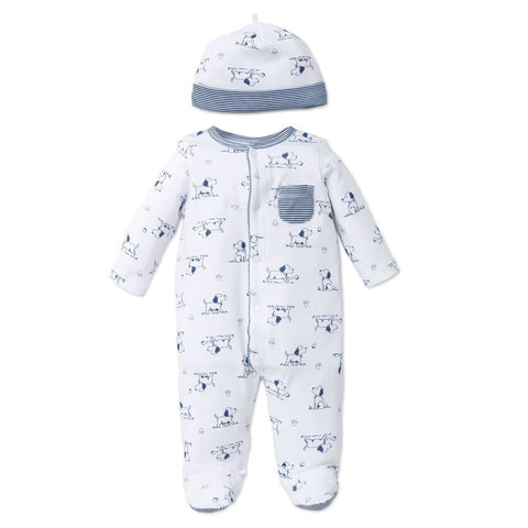 Set de pijama y gorrito Little Me con estampado de perritos azules sobre fondo blanco, perfecto