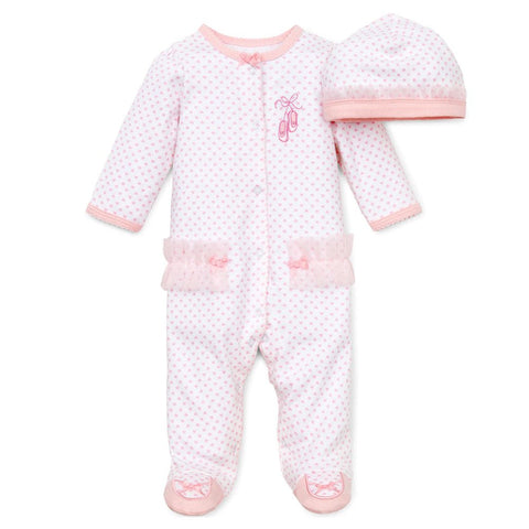Pijama y gorrito Little Me rosado para niña con estampado de lunares y detalles de bailarina.