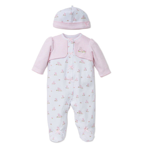 Pijama Little me rosa con estampado de conejitos y gorrito a juego para bebé niña.