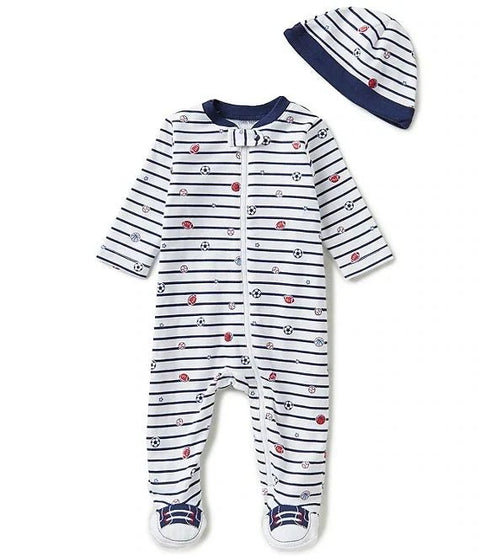 Pijama rayas azules con gorrito Little Me para niño - Kinder Guatemala - Pijama y gorrito.