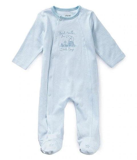 Pijama con pies Little Me azul rayas para bebé niño 'Thank Heavens' suave y cómodo.