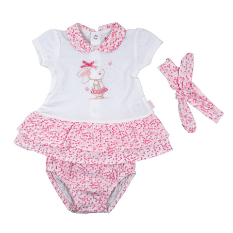 Conjunto Baby Bol vestido manga corta con calzoncito y accesorio para cabello rosado niña
