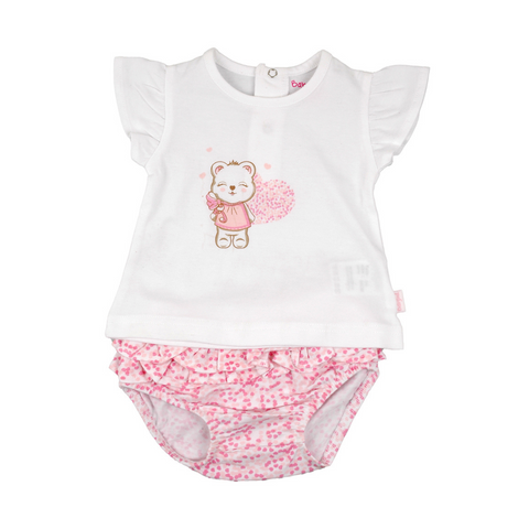 Blusa Baby Bol manga corta  con diseño de oso y calzoncito rosado niña