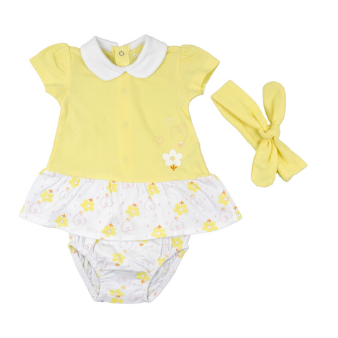 Conjunto vestido Babybol manga corta calzoncito y accesorio cabello amarillo niña