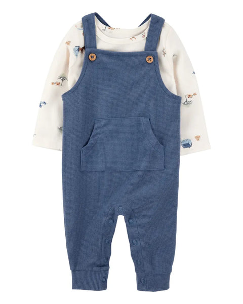 Conjunto Carters 2 piezas: overol con bolsa al frente y camisa manga larga, diseño de granja multicolor para niño