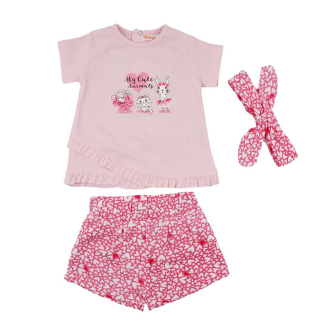 Conjunto Baby Bol short blusa manga corta y accesorio cabello rosado niña