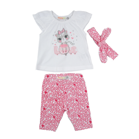 Conjunto Baby Bol leggins blusa manga corta estampado gato y accesorio cabello rosado niña