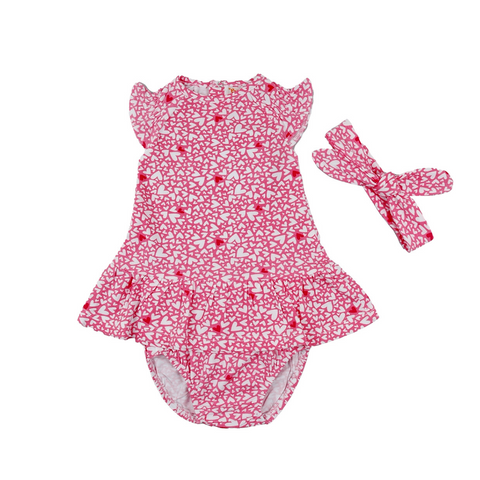 Conjunto Babybol vestido sin manga calzoncito y accesorio cabello floral rosado niña