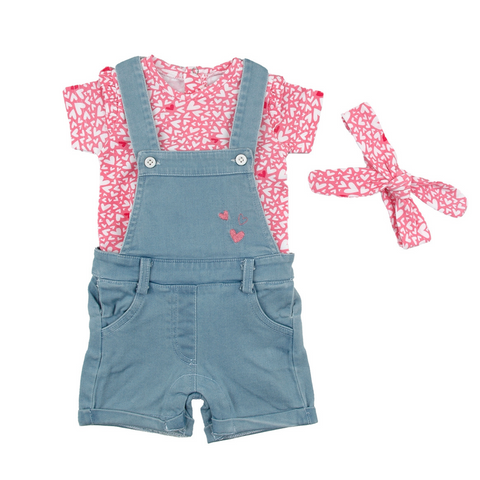 Conjunto Baby Bol overol corto  blusa manga corta y accesorio cabello  rosado niña