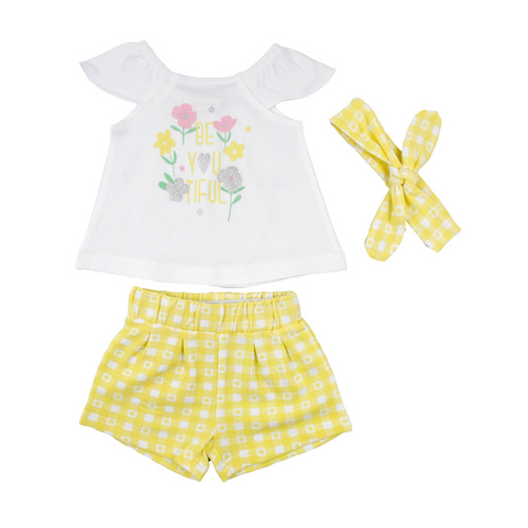 Conjunto Baby Bol Short blusa sin manga y accesorio cabello amarillo niña