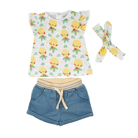 Conjunto Babybol short blusa sin manga y accesorio cabello amarillo niña