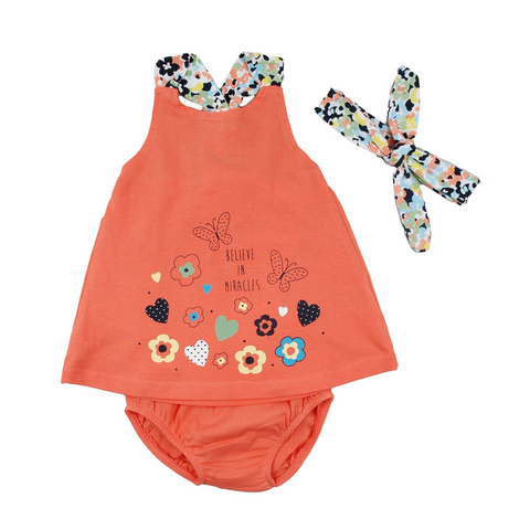 Conjunto BabyBol vestido sin mangas calzoncito y accesorio cabello naranja niña